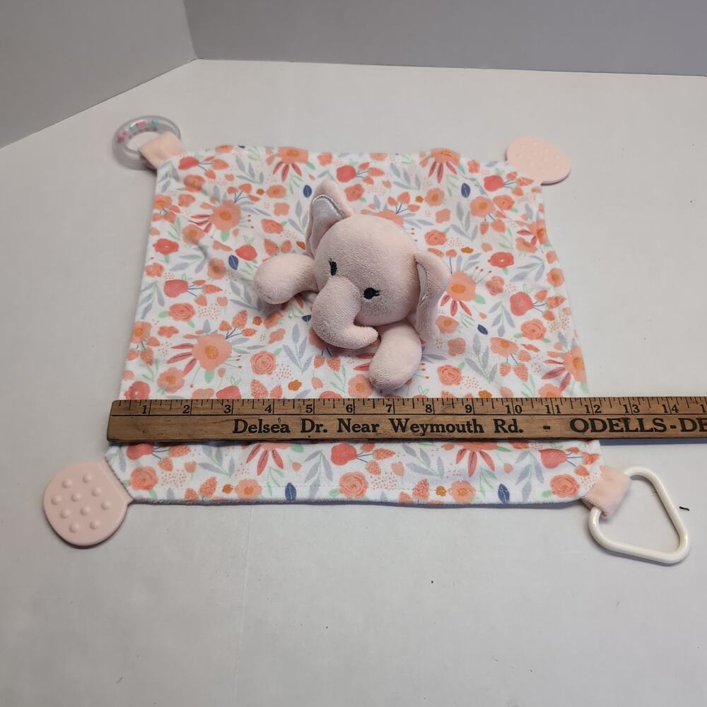 Modern Baby Elephant Lovey Plush w/Teether & Rattle Snuggle Blankie Pink Floral - Picture 13 of 13